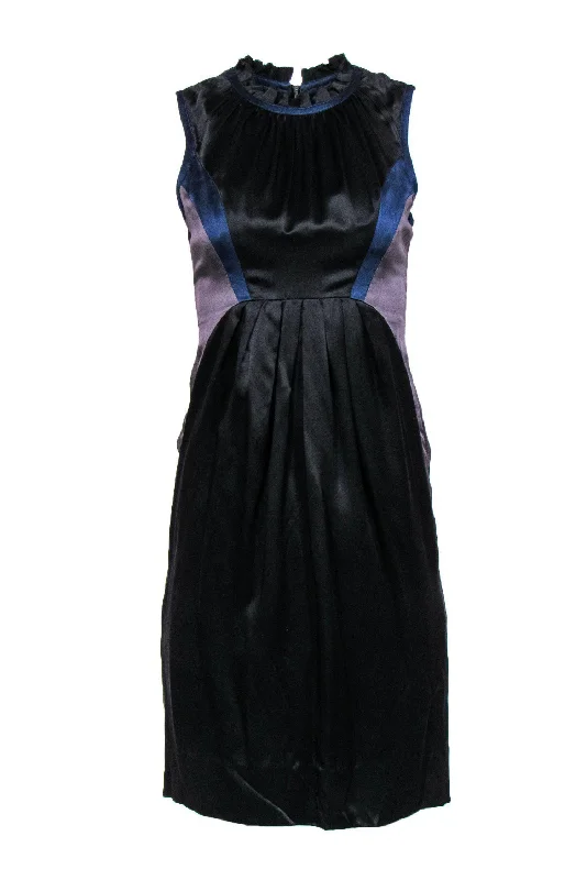 Richard Chai - Black, Grey & Blue Sleeveless Silk Sheath Dress w/ Ruffle Collar Sz 2 Long unclassified dresses