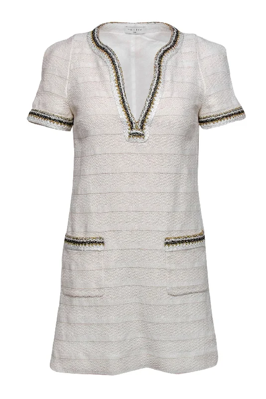 Sandro - White Textured Notch-Neck Shift Dress w/ Trim Sz 2 Preppy unclassified dresses