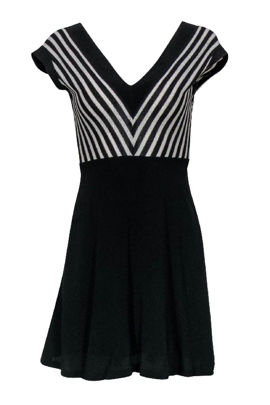 Sandro - Black & White Striped V-Neck Dress Sz S Off-shoulder unclassified dresses