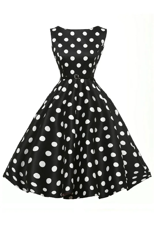 Stylish 50's Retro White Polka Dot Swing Dress in Black Denim unclassified dresses