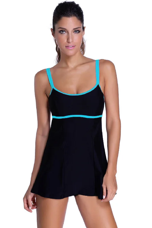 Stylish Double Shoulder Straps Navy One-piece Swimdress Halter unclassified dresses