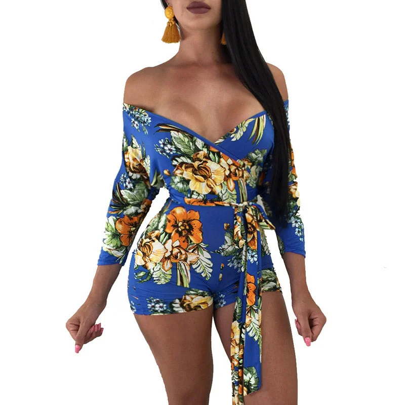 Sexy Sweetheart Flower Print Rompers #V Neck #Print #Three Quarters Short unclassified dresses