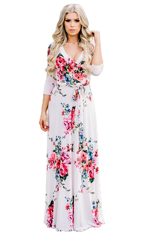 Sexy White Blooming Flower Print Wrap V Neck Boho Dress Vacation unclassified dresses