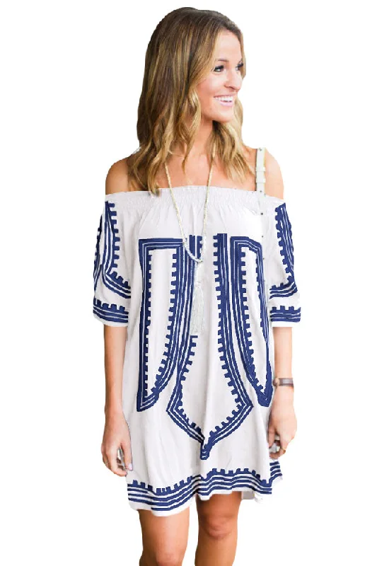 Sexy White Bohemian Vibe Geometric Print Off The Shoulder Beach Dress Summer unclassified dresses