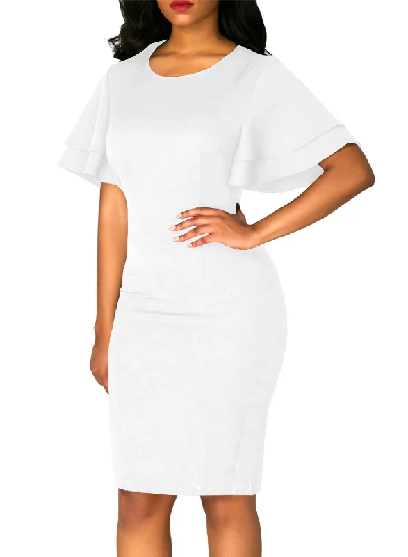 White Flare Sleeve Back Slit Sheath Dress Lace unclassified dresses