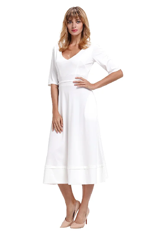 White Half Sleeve V Neck High Waist Flared Dress Women's unclassified dresses