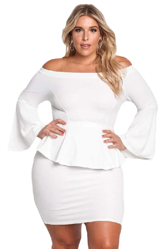 Sexy White Off The Shoulder Bell Sleeves Peplum Plus Dress Trendy new unclassified dresses