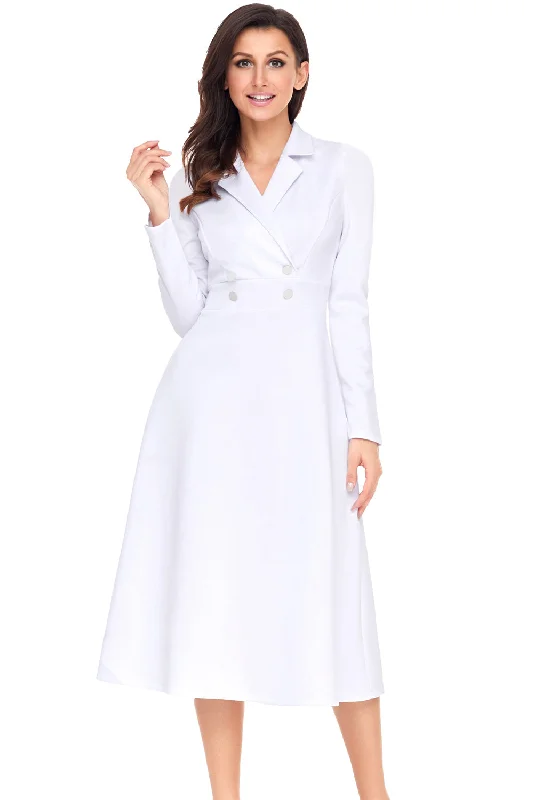 Sexy White Vintage Button Collared Fit-and-flare Dress Casual chic unclassified dresses