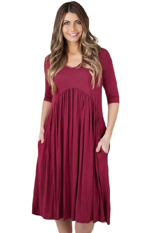 Sexy Wine 3/4 Sleeve Draped Swing Dress Open-back unclassified dresses