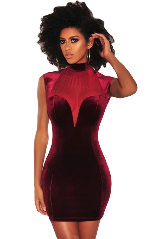 Sexy Wine Mesh Bustier Velvet Mock Neck Dress Sleeveless unclassified dresses