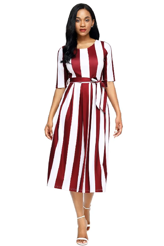 Sexy Wine Stripe Print Half Sleeve Belted Dress Trendy new unclassified dresses