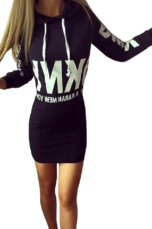 Women Letter Print Black Drawstring Hoodie Dress Striped unclassified dresses