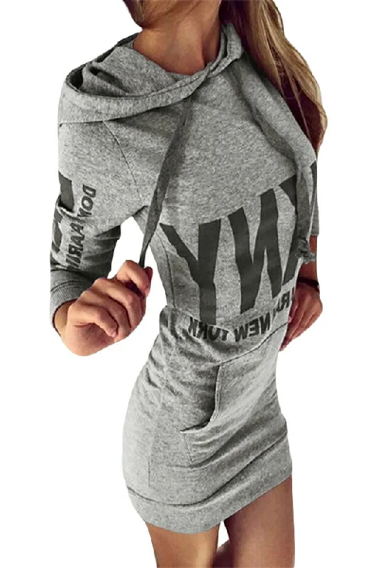 Women Letter Print Grey Drawstring Hoodie Dress Sequin unclassified dresses