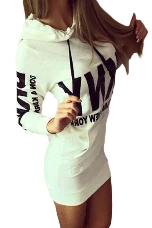 Women Letter Print White Drawstring Hoodie Dress Mesh unclassified dresses