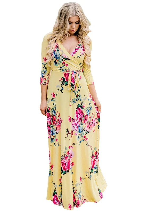 Yellow Blooming Flower Print Wrap V Neck Boho Dress Off-shoulder unclassified dresses