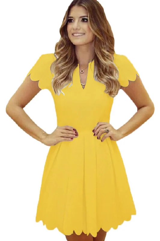 Sexy Yellow Sweet Scallop Pleated Skater Dress Ruched unclassified dresses