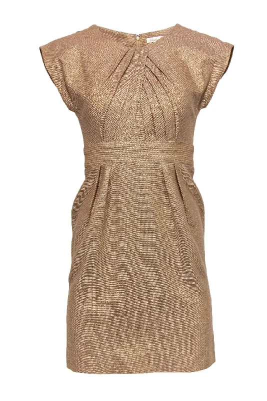 Shoshanna - Gold Metallic Sheath Dress w/ Pleats Sz 0 Soft fabric unclassified dresses