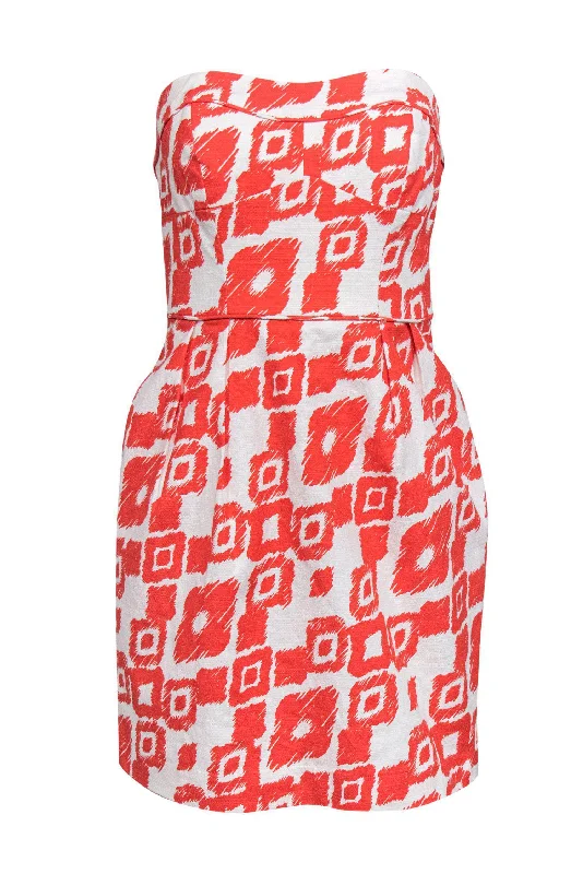 Shoshanna - Orange & White Printed Strapless Sheath Dress Sz 2 Metallic unclassified dresses