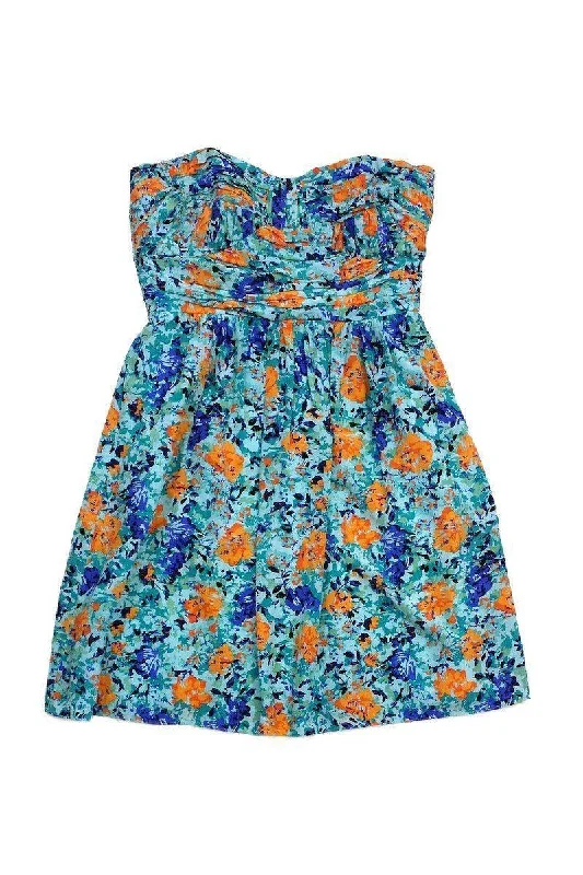 Shoshanna - Blue & Orange Print Silk Strapless Dress Sz 8 Satin unclassified dresses