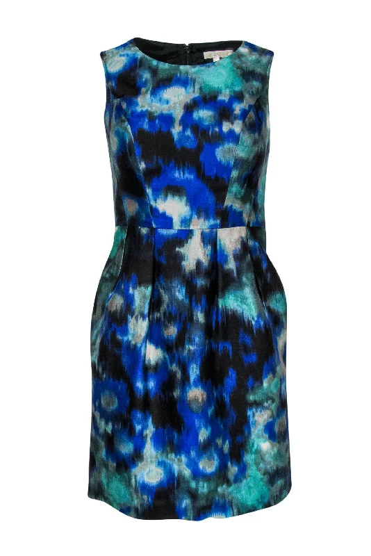 Shoshanna - Blue, Black & Green Watercolor Print Fit & Flare Dress Sz 4 Winter unclassified dresses