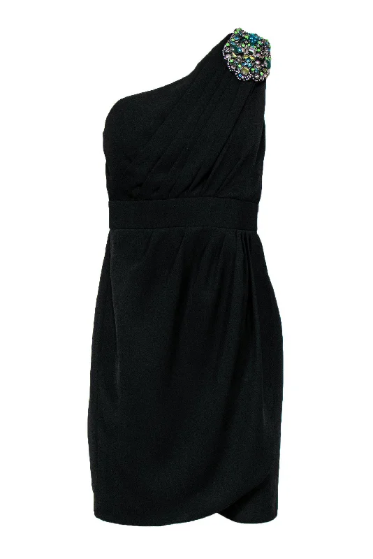 Shoshanna - Black Ruched One-Shoulder Sheath Dress w/ Jeweled Design Sz 6 Popular unclassified dresses