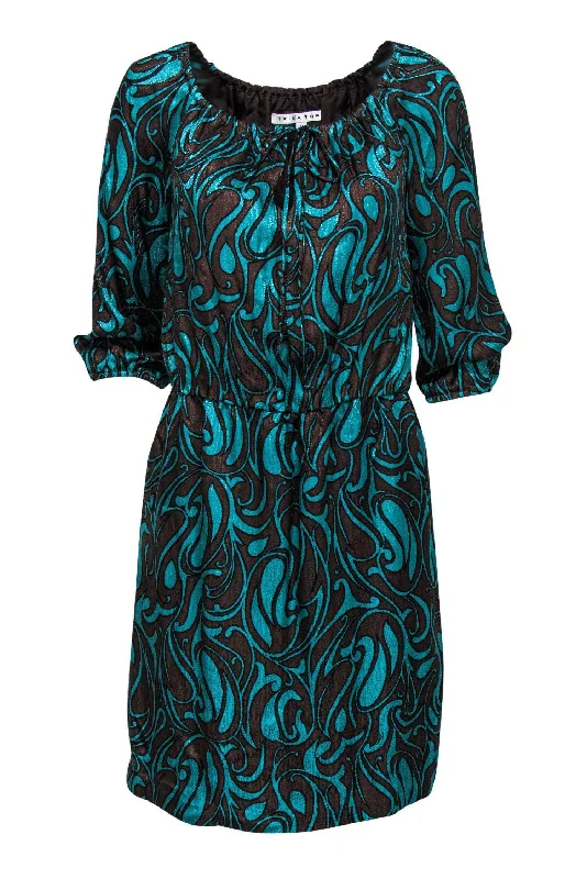 Trina Turk - Teal & Brown Paisley Printed Silk Sheath Dress Sz 0 Striped unclassified dresses