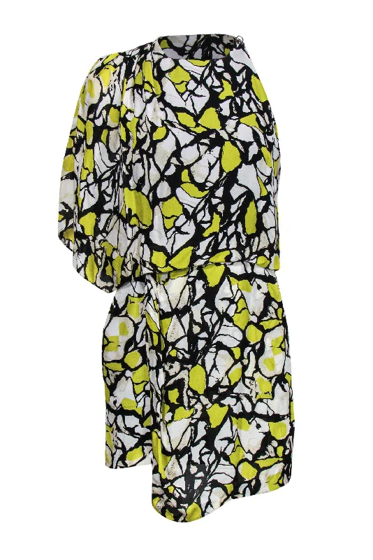 Robert Rodriguez - Yellow, Black & White Draped One-Sleeve Silk Dress Sz 2 Backless unclassified dresses