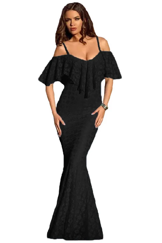 Spaghetti Straps Ruffled Off Shoulder Black Mermaid Dress Stretchy unclassified dresses