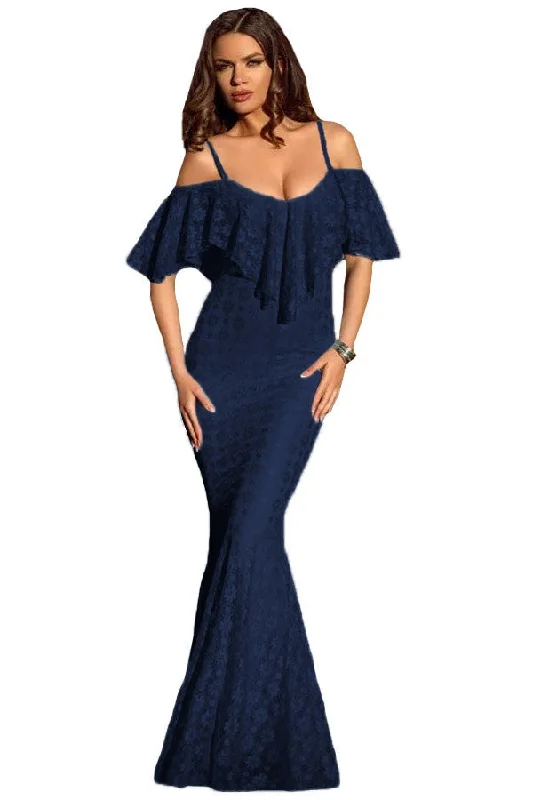 Spaghetti Straps Ruffled Off Shoulder Navy Mermaid Dress Lightweight unclassified dresses