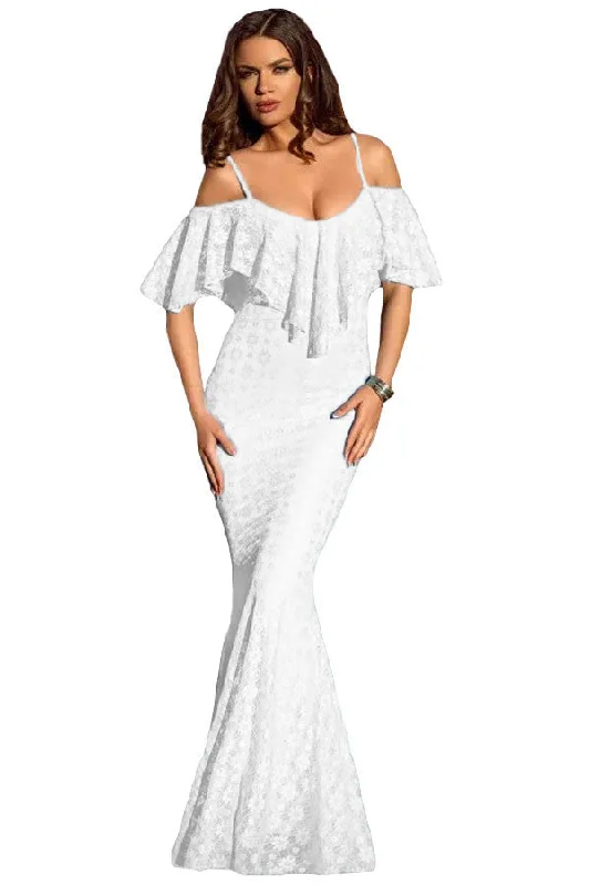 Spaghetti Straps Ruffled Off Shoulder White Mermaid Dress Earthy tone unclassified dresses