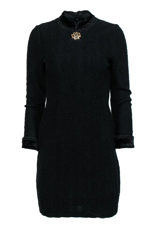 St. John - Black Vintage Wool Mock Neck Dress w/ Brooch Sz 2 Elegant unclassified dresses