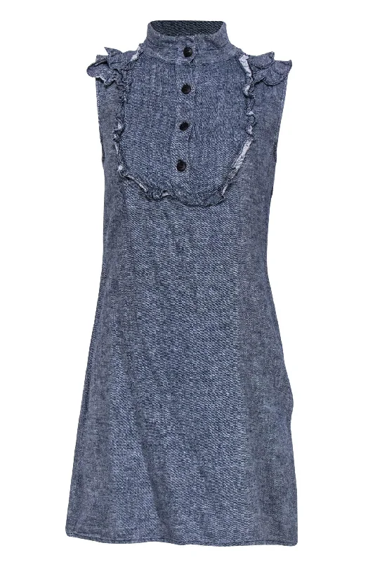 Sunner - Chambray Quarter Button-Up Sleeveless Shift Dress w/ Ruffle Bib Sz 6 Date night unclassified dresses