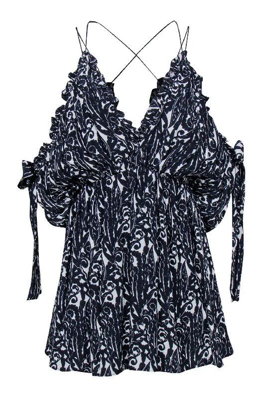 Talulah - Navy & White Print Strappy Ruffle Dress Sz M Denim unclassified dresses