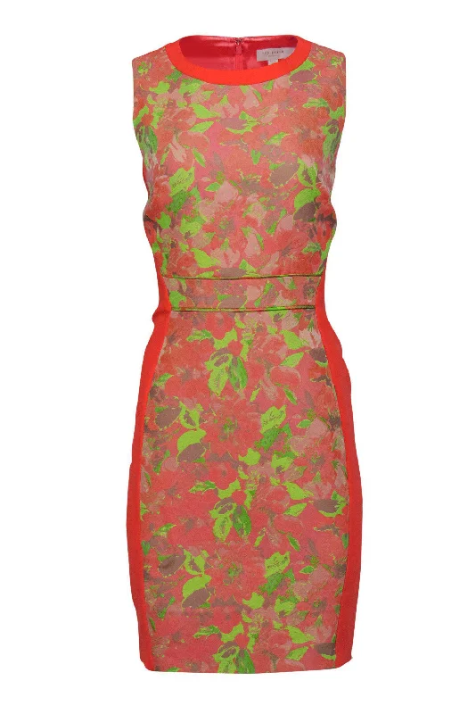 Ted Baker - Bright Coral & Green Paneled Sheath Dress Sz 10 Affordable unclassified dresses