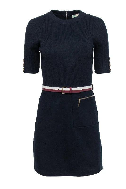 Ted Baker - Navy Fit & Flare Dress w/ Ribbing & Belt Sz 2 Party unclassified dresses