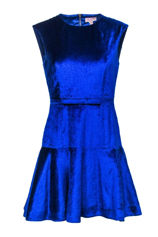 Ted Baker - Cobalt Blue Velvet Fit & Flare Dress w/ Bow Waistband Sz 4 Fall unclassified dresses