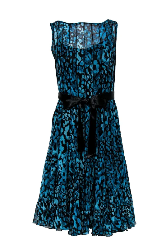 Teri Jon - Blue Leopard Print Pleated Flare Dress Sz 4 Halter unclassified dresses