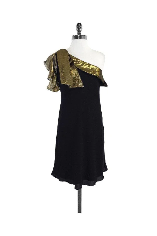 Tibi - Black & Gold One Shoulder Silk Dress Sz 2 Holiday unclassified dresses