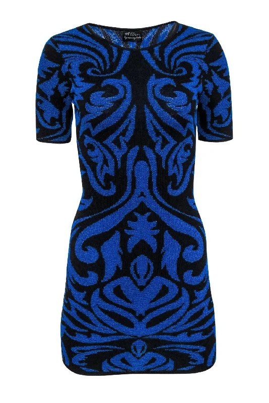 Torn by Ronny Kobo - Blue & Black Filigree Patterned Bandage Dress Sz XS Breathable unclassified dresses