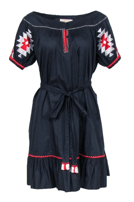 Tory Burch - Navy Embroidered Cotton Shift w/ Fringe Belt Sz 8 Festival unclassified dresses