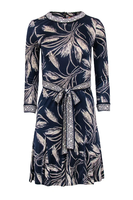 Tory Burch - Navy & Gray Wheat Print Sheath Dress w/ Belt Sz XS Neutral tone unclassified dresses