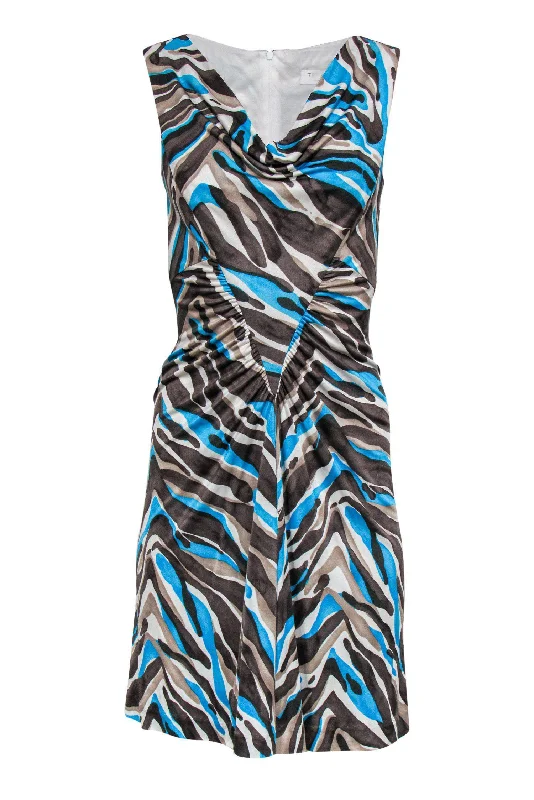 Trina Turk - Brown, Blue & Beige Silk Printed Ruched Dress Sz 2 Date night unclassified dresses