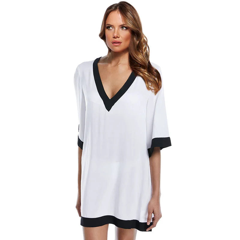 V-neck Black And White Splicing Beach Cover Dress #V Neck #Splicing Fall unclassified dresses