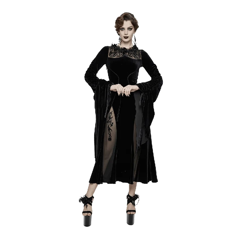 Velvet Black Dress with Filigree Patterns / Gothic Style Dress With Wide Adjustable Sleeves Metallic unclassified dresses