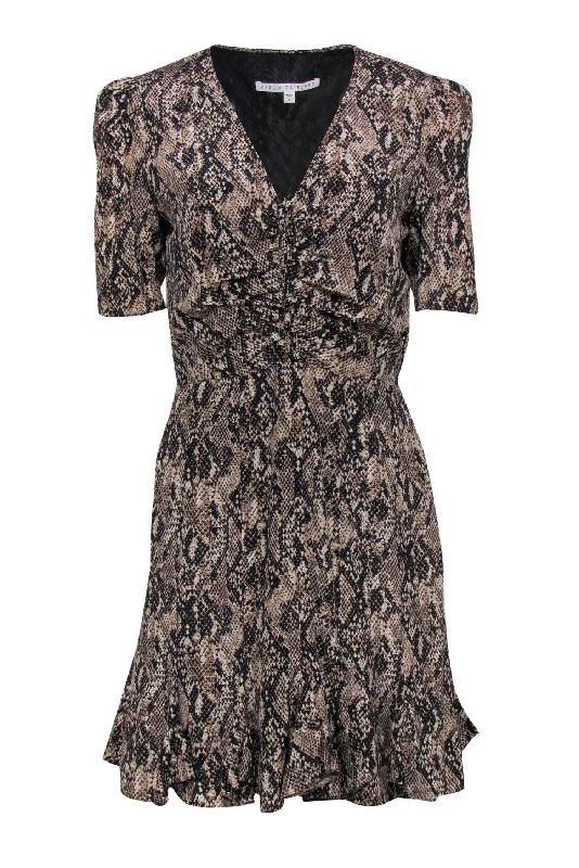 Veronica Beard - Tan & Black Snakeskin Print Ruched Silk Fit & Flare Dress Sz 6 Discounted unclassified dresses