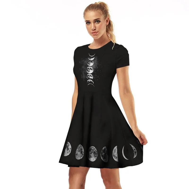 Women Black Gothic Dress with Moon Print / Dark Female Casual Dresses / Elegant Gothic Clothing Corset unclassified dresses