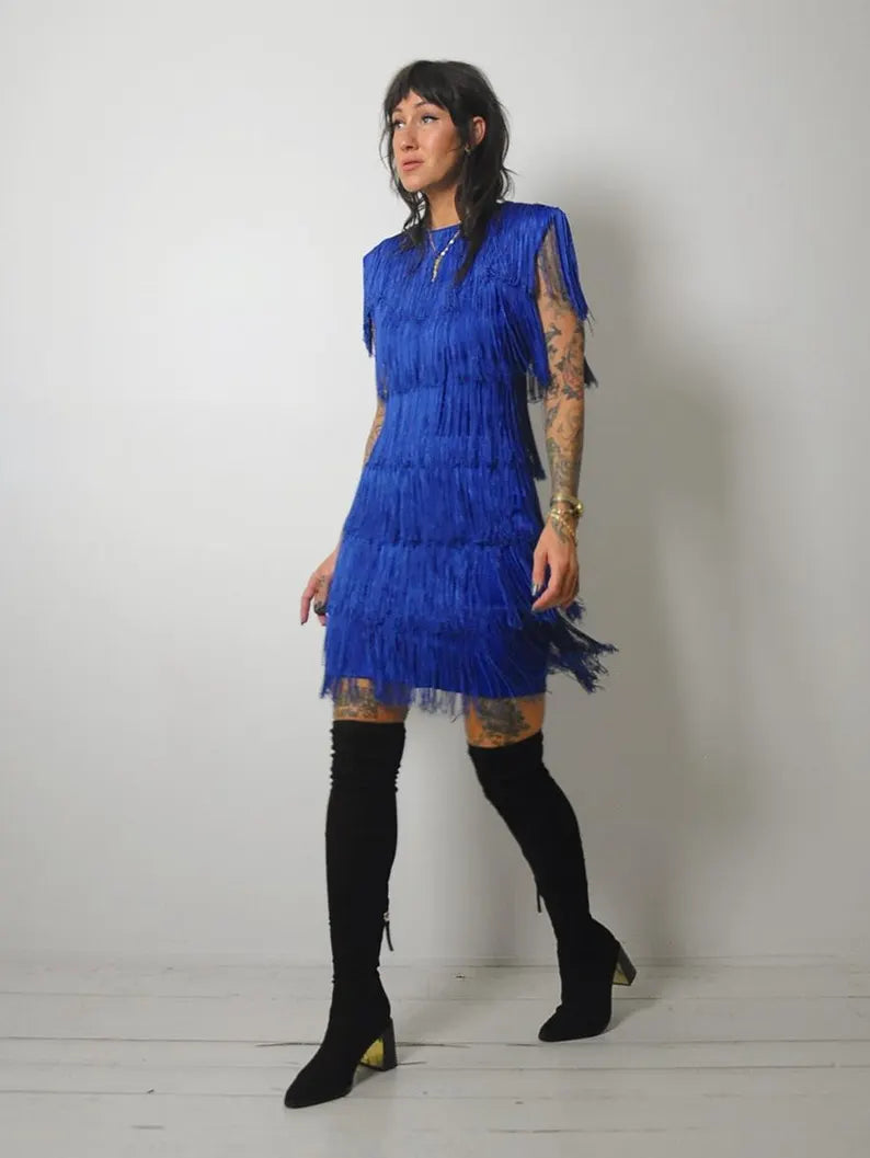 1980's Cobalt Fringe Flapper Mini dress Mini Skirt with Lace