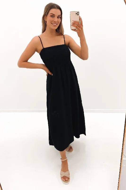 Classic Shirred Midi Dress Black Cozy Midi Skirt