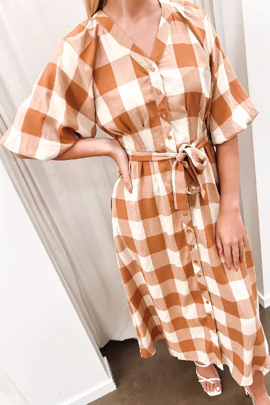 George Midi Dress Tan Check Tulle A-line Skirt