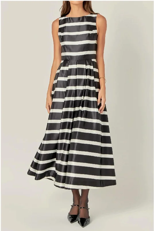 Stripe Midi Dress In Black/white Pleated Floral Midi